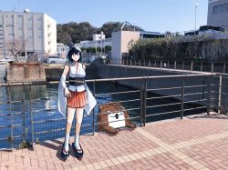 Rule 34 | 1girl, black hair, blue sky, bokukawauso, building, cloud, commentary request, day, detached sleeves, geta, hair ornament, headgear, japanese clothes, kantai collection, otter, outdoors, photo background, railing, red eyes, same (shark ishi), short hair, sky, water, yamashiro (kancolle)