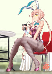Rule 34 | 1girl, ahoge, animal ears, bare shoulders, bendy straw, black pantyhose, blush, bow, bowtie, breasts, chair, cleavage, cup, detached collar, drinking straw, fake animal ears, fishnet pantyhose, fishnets, full body, high heels, holding, holding cup, kantai collection, leotard, long hair, makigumo (kancolle), medium breasts, moke ro, no eyewear, pantyhose, pink hair, playboy bunny, purple footwear, purple leotard, rabbit ears, rabbit tail, side-tie leotard, sitting, smile, solo, strapless, strapless leotard, table, tail, thighband pantyhose, twintails, very long hair, wrist cuffs, yellow eyes