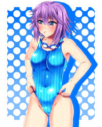 Rule 34 | 00s, 1girl, adjusting clothes, adjusting swimsuit, bad id, bad pixiv id, blue eyes, competition swimsuit, goggles, mouth hold, one-piece swimsuit, purple hair, rosario+vampire, sen (sansui), shirayuki mizore, short hair, solo, swimsuit, wet