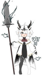 Rule 34 | 1girl, :d, absurdres, bailingxiao jiu, black footwear, black gloves, black thighhighs, blush, boots, fangs, full body, gloves, grey eyes, hair over one eye, headpiece, highres, holding, holding polearm, holding weapon, horns, jacket, long sleeves, looking at viewer, multiple horns, off-shoulder jacket, off shoulder, open mouth, original, pelvic curtain, pointy ears, polearm, puffy long sleeves, puffy sleeves, simple background, sleeves past wrists, smile, solo, standing, thigh boots, thighhighs, weapon, white background, white footwear, white hair, white jacket, white thighhighs