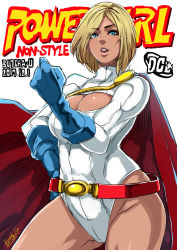 Rule 34 | 1girl, animification, belt, blonde hair, blue eyes, blue gloves, breasts, butcha-u, character name, cleavage, cleavage cutout, clenched hand, clothing cutout, cowboy shot, dark-skinned female, dark skin, dated, dc comics, from side, gloves, hand on own hip, highleg, highleg leotard, highres, large breasts, legs apart, leotard, looking at viewer, power girl, ribbed leotard, short hair, solo, standing, superhero costume, superman (series), thick eyebrows, thighs, white background