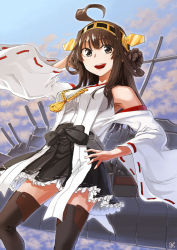 Rule 34 | 10s, 1girl, :d, ahoge, arm behind head, bare shoulders, black eyes, black thighhighs, brown hair, detached sleeves, double bun, frilled skirt, frills, hair bun, hairband, hand on own hip, headgear, highres, japanese clothes, kantai collection, kongou (kancolle), lace, lace-trimmed legwear, lace trim, long hair, nontraditional miko, open mouth, pleated skirt, ribbon, skirt, smile, solo, thighhighs, yomio