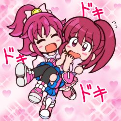 Rule 34 | 10s, 2girls, :o, aida mana, aino megumi, black legwear, blouse, blush, carrying, chibi, color connection, crossover, dokidoki! precure, closed eyes, flipped hair, full body, guardias, half updo, happinesscharge precure!, happy, heart, heart background, long hair, md5 mismatch, multiple girls, no nose, pantyhose, pink background, pink eyes, pink hair, pink shirt, ponytail, precure, princess carry, purple legwear, shirt, shoes, short hair, skirt, smile, thighhighs, yuri