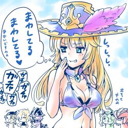 Rule 34 | 3girls, anne &amp; mary (p&amp;d), awilda (p&amp;d), bare shoulders, bartholomew (p&amp;d), bikini, blackbeard (p&amp;d), blonde hair, blue bikini, blue eyes, blush, breasts, captain kidd (p&amp;d), cleavage, collarbone, covering own mouth, detached collar, feathers, front-tie bikini top, front-tie top, gradient background, grin, hat, hat feather, heart, ishiyumi, long hair, mole, mole under eye, multiple girls, navel, puzzle &amp; dragons, smile, solo focus, swimsuit, translation request