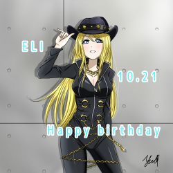 Rule 34 | 1girl, artist request, ayase eli, black bodysuit, black hat, blonde hair, blue eyes, blush, bodysuit, breasts, chain, cleavage, collared shirt, cowboy hat, diamond princess no yuuutsu, female focus, gold chain, gold necklace, hat, jewelry, large breasts, long hair, long sleeves, looking at viewer, love live!, love live! school idol festival, love live! school idol project, medium breasts, necklace, parted lips, ponytail, shirt, short hair, smile, solo, yudai x illust