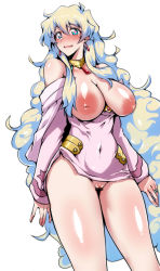Rule 34 | 1girl, absurdres, bare shoulders, blue eyes, blush, bracelet, breasts, breasts out, censored, covered navel, dress, earrings, flower-shaped pupils, gggg, highres, inverted nipples, jewelry, large areolae, large breasts, long hair, looking at viewer, multicolored hair, nia teppelin, no bra, no panties, pink dress, pussy, ring, smile, solo, symbol-shaped pupils, tengen toppa gurren lagann, thighs, unusual pupils, very long hair, wedding ring, white background