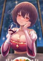 Rule 34 | 1girl, absurdres, alcohol, arch bishop (ragnarok online), blush, breasts, brown hair, cleavage, cleavage cutout, closed mouth, clothing cutout, commentary request, commission, cross, cup, dress, drinking glass, hair between eyes, hand on own cheek, hand on own face, heart, highres, juliet sleeves, large breasts, long bangs, long sleeves, looking at viewer, meal, night, orange eyes, plate, pov across table, puffy sleeves, ragnarok online, restaurant, short hair, skeb commission, smile, solo, sparkle, two-tone dress, upper body, white dress, wine, wine glass, zusshii (libertasgenesis)
