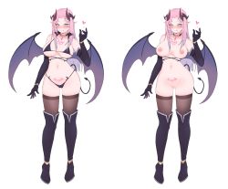 Rule 34 | 1girl, :q, absurdres, aqua eyes, black footwear, black gloves, black panties, black thighhighs, boots, breasts, choker, cleft of venus, commentary, demon girl, demon horns, demon tail, demon wings, elbow gloves, full body, gloves, heart, highres, horns, large breasts, long hair, navel, nipples, original, panties, parted bangs, parted lips, pink hair, pointy ears, pubic tattoo, pussy, rebe11, sideboob, simple background, smile, solo, standing, tail, tattoo, thigh boots, thighhighs, thighhighs under boots, tongue, tongue out, underboob, underwear, white background, wings