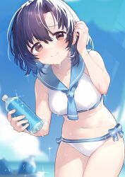 Rule 34 | 1girl, absurdres, bare shoulders, bikini, black hair, blue bow, blue neckerchief, blue sailor collar, blue sky, blurry, blurry background, blush, border, bottle, bow, breasts, brown eyes, bucket, closed mouth, collarbone, commission, cowboy shot, day, dot nose, hand up, highres, hiraga matsuri, holding, holding bottle, idolmaster, idolmaster cinderella girls, idolmaster cinderella girls starlight stage, leaning forward, looking at viewer, navel, neckerchief, outdoors, outside border, sailor bikini, sailor collar, sailor swimsuit (idolmaster), shiragiku hotaru, short hair, shy, side-tie bikini bottom, skeb commission, sky, small breasts, smile, solo, sparkle, standing, swimsuit, water drop, wet, wet bikini, wet hair, white bikini, white border