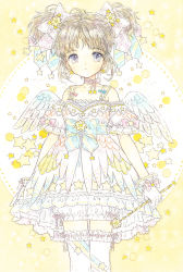 Rule 34 | 1girl, angel, angel wings, blue bow, bow, brown hair, dress, frilled dress, frills, gloves, grey eyes, hair bow, holding, holding wand, original, pink bow, pink ribbon, ribbon, short twintails, simple background, star (symbol), takanashi tsubasa, thigh strap, twintails, wand, white dress, white gloves, white wings, wings, wrist bow, yellow background