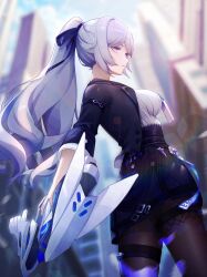 Rule 34 | 1girl, absurdres, black jacket, black pantyhose, black skirt, blue sky, blurry, breasts, bronya zaychik, bronya zaychik (silverwing: n-ex), closed mouth, commentary request, day, drill hair, eun (eunice), grey eyes, grey hair, gun, hair ribbon, highres, holding, holding gun, holding weapon, honkai (series), honkai impact 3rd, id card, jacket, large breasts, long hair, long sleeves, looking at viewer, official alternate costume, outdoors, pantyhose, ponytail, ribbon, second-party source, shirt, shorts, skirt, sky, solo, weapon, white shirt