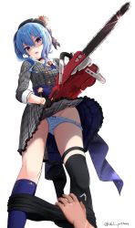 Rule 34 | angry, asymmetrical legwear, blue hair, blue socks, chainsaw, clothes pull, disembodied hand, disembodied hand, ex idol, hair between eyes, highres, hololive, hoshimachi suisei, hoshimachi suisei (1st costume), kneehighs, panties, shaded face, shorts, shorts pull, side ponytail, single kneehigh, single sock, socks, thigh strap, thighhighs, underwear, virtual youtuber