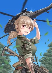 Rule 34 | 1girl, absurdres, aircraft, assault rifle, blonde hair, breasts, camouflage, ear piercing, falling leaves, gun, h&amp;k hk416, helicopter, highres, kzm (sub-moa works), large breasts, leaf, long hair, looking at viewer, looking to the side, low ponytail, military, military uniform, military vehicle, original, piercing, red eyes, rifle, tattoo, tree, uh-60 blackhawk, uniform, weapon