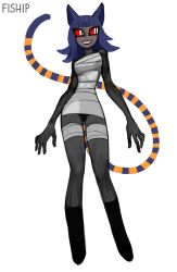 Rule 34 | 1girl, absurdres, animal ears, artist name, bandages, black panties, blue hair, cat ears, cat tail, colored sclera, colored skin, commentary, contrapposto, full body, ghastet (matilda fiship), grey skin, highres, long tail, matilda fiship, original, panties, red sclera, simple background, slit pupils, smile, socks, solo, tail, underwear, white background, white eyes