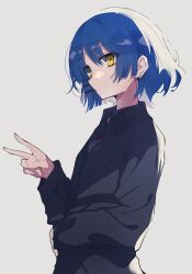 Rule 34 | 1girl, absurdres, aitekku, black shirt, blue hair, bocchi the rock!, collared shirt, dot mouth, ear piercing, eyes visible through hair, from side, hair ornament, hair tie, hairpin, highres, jewelry, long sleeves, looking at viewer, mole, mole under eye, piercing, shirt, short hair, simple background, solo, v, white background, yamada ryo, yellow eyes