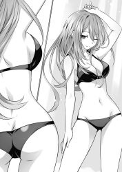 Rule 34 | 10s, 1girl, ;), arm up, ass, bikini, black bikini, breasts, butt crack, cleavage, date a live, greyscale, groin, hair between eyes, highres, long hair, looking at viewer, medium breasts, midriff, monochrome, multiple views, natsumi (date a live), navel, novel illustration, official art, one eye closed, sideboob, smile, standing, swimsuit, tsunako