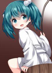 Rule 34 | 1girl, brown background, bucket, green hair, hair bobbles, hair ornament, highres, kisume, long sleeves, looking at viewer, medium hair, open mouth, ruu (tksymkw), shirt, simple background, sitting, smile, solo, touhou, twintails, white shirt, wide sleeves, wooden bucket