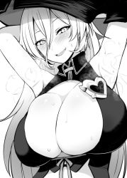 Rule 34 | 1girl, :d, armpits, blush, breasts, diisuke, greyscale, hair between eyes, hands up, head tilt, heart, huge breasts, long hair, looking at viewer, monochrome, nijisanji, nui sociere, open mouth, ribbon, smile, solo, steaming body, sweat, virtual youtuber, wing collar