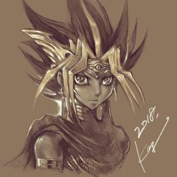 Rule 34 | 1boy, armlet, atem, bad id, bad instagram id, bare shoulders, blonde hair, brown background, cape, earrings, forehead protector, jewelry, long hair, looking at viewer, male focus, monochrome, multicolored hair, sepia, signature, simple background, smile, solo, spiked hair, takahashi kazuki, upper body, yu-gi-oh!, yu-gi-oh! duel monsters