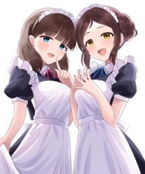 Rule 34 | 2girls, apron, ayase honoka, black dress, blue eyes, blue ribbon, blush, breasts, brown hair, commentary request, dress, frilled apron, frills, hair bun, hand up, hands up, idolmaster, idolmaster cinderella girls, index finger raised, looking at viewer, maid apron, maid headdress, medium breasts, medium hair, multiple girls, open mouth, own hands together, parted bangs, pink ribbon, puffy short sleeves, puffy sleeves, ribbon, sakuma mayu, sakura ran, short sleeves, sidelocks, skirt hold, smile, white apron, white background, yellow eyes