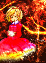 Rule 34 | 1girl, aki shizuha, autumn leaves, blonde hair, blush, character name, dress, female focus, fire, fire, glowing, leaf, long sleeves, magic, orb, own hands together, red dress, red eyes, short hair, solo, standing, touhou