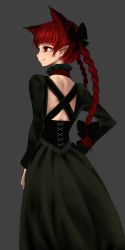 Rule 34 | 1girl, absurdres, animal ears, bow, braid, cat ears, corset, dress, extra ears, from behind, green dress, hair bow, highres, inoshin (inixia1748), kaenbyou rin, long hair, long sleeves, looking ahead, multiple tails, pointy ears, profile, red eyes, red hair, smile, solo, tail, touhou, twin braids