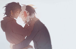 Rule 34 | 2boys, arknights, black hair, black sweater, blurry, brown hoodie, closed mouth, commentary request, dark-skinned male, dark skin, depth of field, earrings, elysium (arknights), closed eyes, feather hair, forehead-to-forehead, from side, grey background, hands on another&#039;s neck, hands on another&#039;s waist, heads together, highres, hood, hoodie, hug, jewelry, long sleeves, male focus, multicolored hair, multiple boys, parted lips, profile, red hair, short hair, simple background, soft focus, streaked hair, sweater, thorns (arknights), turtleneck, turtleneck sweater, upper body, white hair, yaoi, yuzuriha (ryami)