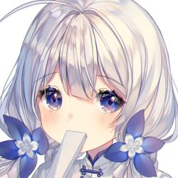 Rule 34 | 1girl, ahoge, azur lane, blue eyes, blue flower, blush, china dress, chinese clothes, commentary, covering own mouth, dress, flower, hair between eyes, hair flower, hair ornament, hand fan, illustrious (azur lane), illustrious (maiden lily&#039;s radiance) (azur lane), shiro albino, simple background, white background, white hair