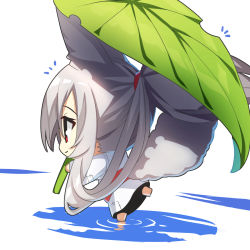 Rule 34 | 1girl, animal ears, chibi, commentary request, fox ears, fox girl, fox tail, grey hair, hair between eyes, highres, japanese clothes, kimono, leaf umbrella, long sleeves, looking away, obi, original, patch, ponytail, profile, puddle, reflection, ripples, sash, solo, tail, water, white background, white kimono, wide sleeves, yuuji (yukimimi)