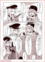 Rule 34 | blush, cheese (cheese koubou), comic, facial scar, fur hat, gangut (kancolle), gloves, gun, hair between eyes, hair ornament, hairclip, handgun, hat, highres, jacket, jacket on shoulders, kantai collection, kongou (kancolle), long hair, low twintails, military hat, monochrome, papakha, pistol, saratoga (kancolle), scar, scar on cheek, scar on face, tashkent (kancolle), translation request, twintails, weapon