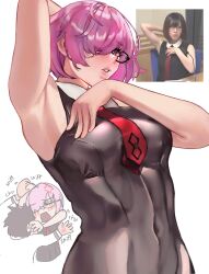 Rule 34 | 1boy, 1girl, arm behind back, armpits, black-framed eyewear, black dress, breasts, chibi, chibi inset, covered navel, dress, fate/grand order, fate (series), fujimaru ritsuka (male), glasses, hair over one eye, hand on own chest, highres, lips, looking at viewer, mash kyrielight, medium breasts, necktie, parted lips, photo-referenced, photo inset, pink hair, purple eyes, red necktie, short hair, skin tight, sleeveless, sleeveless dress, smelling armpit, takahashi rie, upper body, white background, wwkp (akisenpai9999)