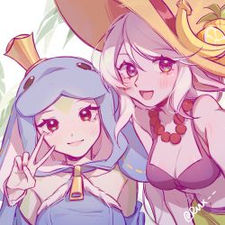 Rule 34 | 2girls, :d, absurdres, animal hood, banana, bead necklace, beads, blush, breasts, citron, cleavage, closed mouth, cowboy shot, crown, food, fruit, hand up, hat, highres, hood, hood up, jewelry, league of legends, lemon, manatee, medium breasts, multiple girls, nami (league of legends), necklace, open mouth, order of the banana soraka, outstretched arm, pineapple, pink eyes, pointy ears, ruan chen yue, smile, soraka (league of legends), stomach, sun hat, urf the nami-tee, v