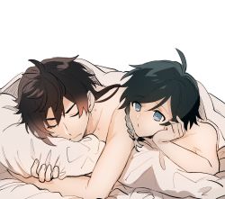 Rule 34 | 2boys, ahoge, bed sheet, blush, braid, brown hair, closed eyes, closed mouth, commentary request, eyeliner, fingernails, genshin impact, green eyes, hickey, light green hair, lying, multiple boys, nude, orange hair, pillow, pout, red eyeliner, sweatdrop, teikiakadayo, twin braids, under covers, venti (genshin impact), yaoi, zhongli (genshin impact)