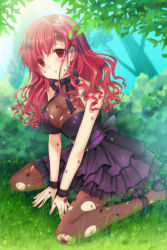 Rule 34 | 1girl, arm garter, asymmetrical bangs, belt, blush, bow, bush, day, dirty, dress, expressionless, frilled dress, frills, grass, long hair, lowres, open mouth, outdoors, pantyhose, red eyes, red hair, ribbon, solo, sword girls, thighhighs, torn clothes, torn legwear, tree, vernika answer, wavy hair