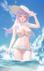 Rule 34 | 1girl, ;d, azur lane, bikini, blue sky, blunt bangs, breasts, choker, cirilla lin, cloud, frilled bikini, frills, hand on headwear, hat, highres, large breasts, long hair, looking at viewer, navel, one eye closed, open mouth, outdoors, pink eyes, pink hair, plymouth (azur lane), sky, smile, solo, stomach, sun hat, swimsuit, symbol-shaped pupils, wading, water, wet, white bikini, white choker