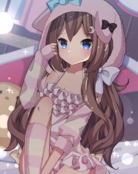 Rule 34 | 1girl, absurdres, animal ears, animal hood, arm up, azur lane, black bow, blue bow, blue eyes, blurry, blurry background, bow, brown hair, closed mouth, crescent, crescent hair ornament, depth of field, dog ears, dog hood, dress, fumizuki (azur lane), fumizuki (sleepy fairy) (azur lane), hair between eyes, hair ornament, highres, hood, hood up, hoodie, kneehighs, long hair, long sleeves, looking at viewer, open clothes, open hoodie, pink dress, sapphire (sapphire25252), sitting, sleeveless, sleeveless dress, sleeves past wrists, socks, solo, striped clothes, striped hoodie, striped socks, very long hair