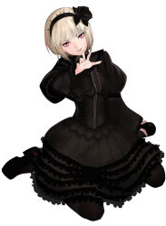 Rule 34 | 1girl, :d, black footwear, black legwear, blonde hair, commission, gothic lolita, hairband, highres, kof: maximum impact, lolita fashion, looking at viewer, maximum impact ii, ninon beart, open mouth, pixiv commission, puffy sleeves, red eyes, short hair, simple background, sitting, smile, snk, solo, tetsu (kimuchi), the king of fighters, wariza, white background