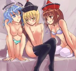 Rule 34 | 3girls, :q, black legwear, blonde hair, bottomless, bra, breasts, covered erect nipples, feet, female focus, group incest, hat, incest, lingerie, lunasa prismriver, lyrica prismriver, merlin prismriver, multiple girls, nipples, nude, panties, panties only, sdd, short hair, siblings, sisters, strap slip, striped clothes, striped panties, tears, thighhighs, tongue, tongue out, topless, touhou, underwear, underwear only, yuri
