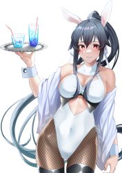 Rule 34 | 1girl, animal ears, black hair, blush, breasts, cleavage, closed mouth, clothing cutout, covered navel, cowboy shot, cup, drinking glass, drinking straw, fake animal ears, fishnet pantyhose, fishnets, hair between eyes, hair ribbon, highres, holding, holding tray, kantai collection, large breasts, leotard, long hair, looking at viewer, nail polish, pantyhose, parted lips, playboy bunny, ponytail, rabbit ears, red eyes, ribbon, simple background, smile, solo, stomach cutout, thighs, tray, very long hair, white background, white leotard, white ribbon, white wrist cuffs, wrist cuffs, yahagi (kancolle), yahagi kai ni (kancolle), z (knkr1025)