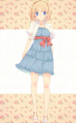 Rule 34 | 1girl, adapted costume, alice margatroid, alternate costume, aoi (annbi), blonde hair, blue dress, blue eyes, dress, floral background, floral print, hairband, looking at viewer, puffy sleeves, ribbon, sandals, sash, short hair, short sleeves, simple background, smile, solo, strapless, strapless dress, touhou, vest