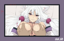 Rule 34 | 1girl, 1other, animal collar, animal ears, bad id, bad pixiv id, bare shoulders, bite mark, border, breasts, clenched teeth, collar, crying, detached sleeves, disgust, drooling, forced, grabbing, grabbing another&#039;s breast, hair ornament, large breasts, llowoll, long hair, outside border, parted lips, purple border, purple eyes, solo focus, sound effects, tears, teeth, touhoku itako, twitter username, voiceroid, white hair