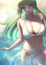 Rule 34 | 1girl, ahoge, beach, bikini, blue eyes, blunt bangs, blurry, bokeh, breasts, c (theta), caustics, cleavage, commentary, cowboy shot, day, depth of field, eyelashes, green hair, halterneck, heart, heart necklace, highres, idolmaster, idolmaster million live!, jewelry, large breasts, lens flare, long hair, looking at viewer, navel, necklace, o-ring, o-ring bikini, ocean, open mouth, outdoors, reflection, reflective water, ripples, shimabara elena, signature, skindentation, smile, solo, stomach, sunlight, swimsuit, thigh gap, wading, white bikini