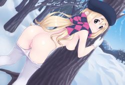 Rule 34 | 1girl, against tree, argyle, argyle clothes, argyle scarf, ass, bad id, bad tumblr id, beret, blonde hair, blue eyes, blush, breasts, clothes pull, dutch angle, eyebrows, hat, hetero, highres, k-on!, k-on! movie, kotobuki tsumugi, long hair, mittens, nipples, panties, panty pull, pantyhose, pantyhose pull, pussy, pussy juice, rikorin, scarf, snow, solo, topless, tree, uncensored, underwear