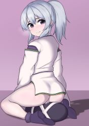 Rule 34 | 1girl, ass, blush, bottomless, cleft of venus, crotch rub, female focus, from behind, highres, looking back, mononobe no futo, nuclear cake, ponytail, purple background, purple eyes, purple footwear, pussy, pussy juice, shadow, sidelocks, sitting, solo, touhou, white hair