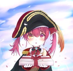 Rule 34 | 1girl, :o, absurdres, aged down, bad id, bad pixiv id, black coat, black hat, blush, brooch, buttons, child, coat, gloves, gold trim, hair ornament, hair ribbon, hat, heterochromia, highres, hololive, houshou marine, jewelry, long hair, long sleeves, looking at viewer, no eyepatch, open clothes, open coat, open mouth, orange eyes, oversized clothes, pirate hat, pugpuggy, red eyes, red hair, red ribbon, red shirt, ribbon, self-upload, shirt, sleeveless, sleeveless shirt, solo, twintails, virtual youtuber