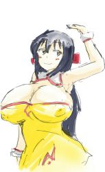 Rule 34 | 1990s (style), 1girl, agent aika, aika (series), alternate costume, blue hair, bmg (artist), breasts, brown eyes, cleavage, cleavage cutout, closed mouth, clothing cutout, covered erect nipples, delmo, dress, eyebrows, female focus, golden delmo, hair ornament, hair ribbon, highres, huge breasts, large breasts, long hair, looking up, retro artstyle, ribbon, rie petoriyacowa, short dress, sketch, smile, solo, standing, traditional media, uniform, upper body, very long hair, white background