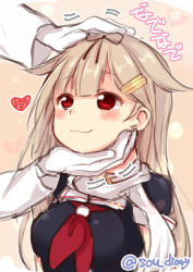 Rule 34 | 1girl, 1other, :3, black ribbon, black serafuku, blonde hair, blush, hair flaps, hair ribbon, hand on another&#039;s head, headpat, heart, kantai collection, long hair, neckerchief, pink background, red eyes, red neckerchief, ribbon, scarf, school uniform, serafuku, smile, sou (soutennkouchi), twitter username, upper body, white scarf, yuudachi (kancolle)