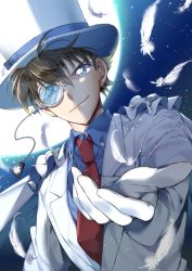 Rule 34 | 1boy, blue eyes, blue shirt, brown hair, cape, dreaming182, feathers, formal, hat, highres, jacket, kaitou kid, looking at viewer, magic kaito, male focus, monocle, necktie, outstretched arm, phantom thief, red necktie, shirt, smile, solo, upper body, white cape, white feathers, white hat, white jacket