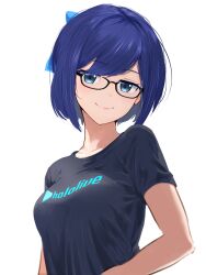 Rule 34 | 1girl, a-chan (1st costume) (hololive), a-chan (hololive), absurdres, alternate breast size, black-framed eyewear, black shirt, blue bow, blue eyes, blue hair, bow, breasts, closed mouth, clothes writing, cohi27151463, commentary, copyright name, glasses, hair bow, highres, hololive, lips, looking at viewer, medium breasts, semi-rimless eyewear, shirt, short hair, short sleeves, simple background, smile, solo, swept bangs, t-shirt, upper body, virtual youtuber, white background