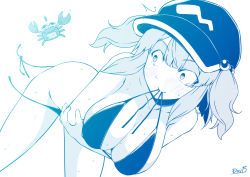 Rule 34 | 1girl, alternate costume, arms under breasts, bikini, blue theme, blush, breasts, cleavage, closed mouth, commentary request, cowboy shot, crab, dutch angle, flat cap, hair bobbles, hair ornament, hat, highres, kagiyama shachou, kawashiro nitori, large breasts, looking back, medium hair, monochrome, mouth hold, sidelocks, simple background, solo, sweat, swimsuit, tearing up, touhou, two side up, untied bikini